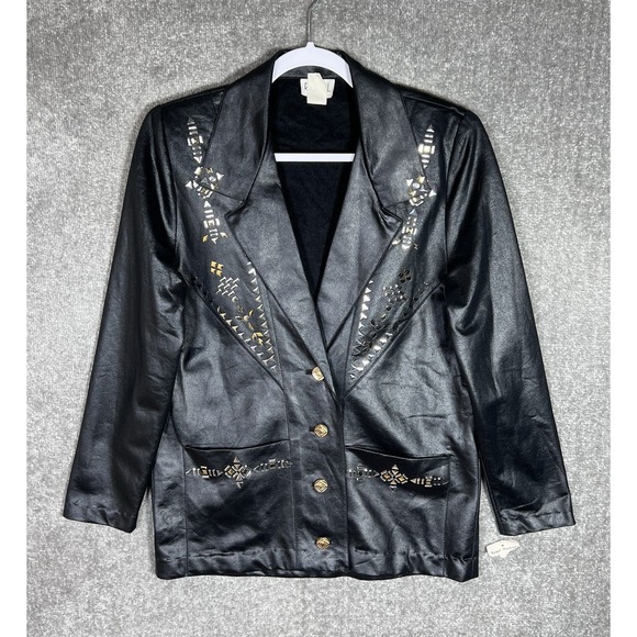 Jackets & Blazers - Vintage Regal Faux Leather Blazer Womens Size 6 Black Silver Gold Embellishments